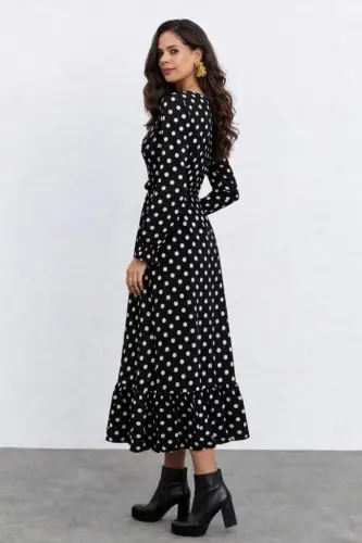 Kadın Uzun Kollu Yakası Bağcıklı Uzun Puantiyeli Krep Maxi Elbise - 3