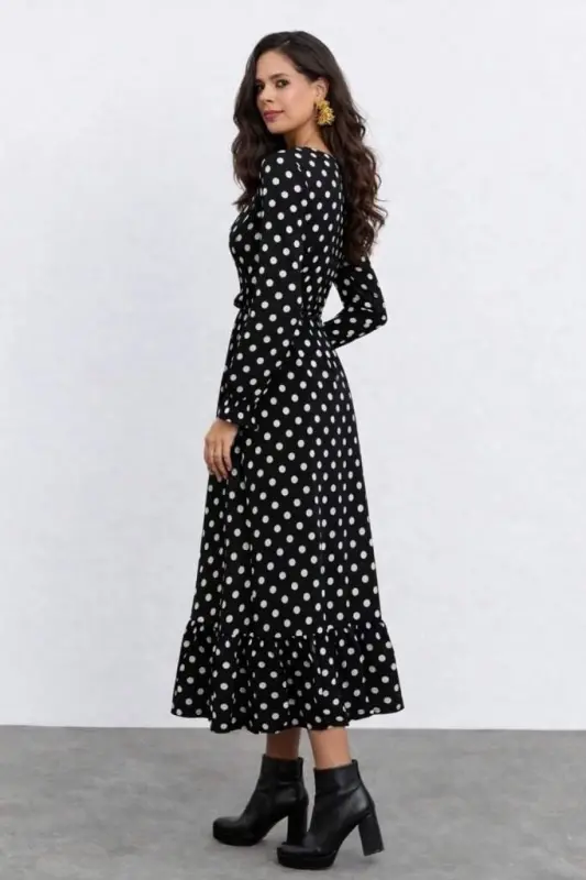 Kadın Uzun Kollu Yakası Bağcıklı Uzun Puantiyeli Krep Maxi Elbise - 3