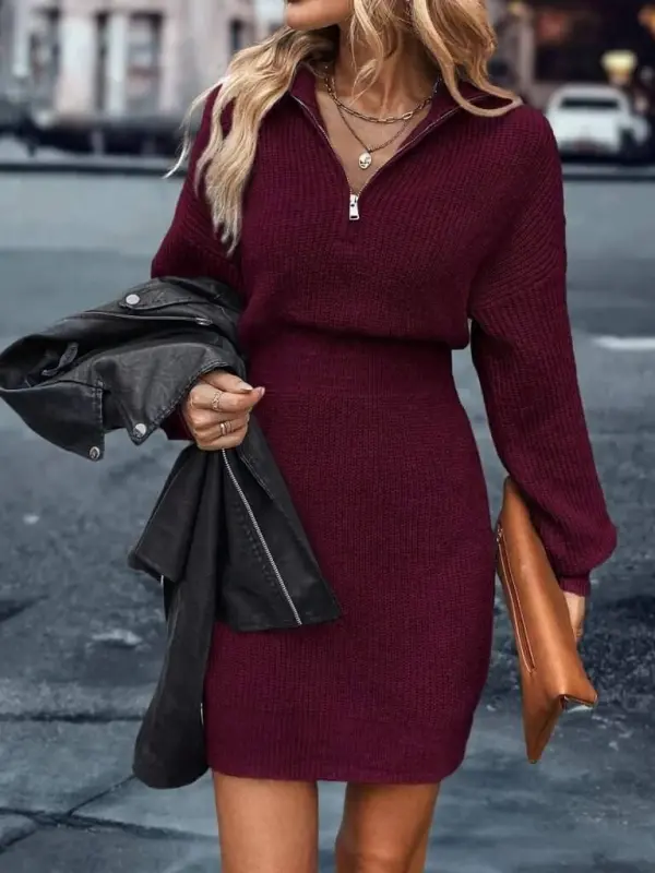 Kadın Uzun Kollu Yakası Fermuarlı Mini Triko Elbise - BÜYÜKBEDENIZ