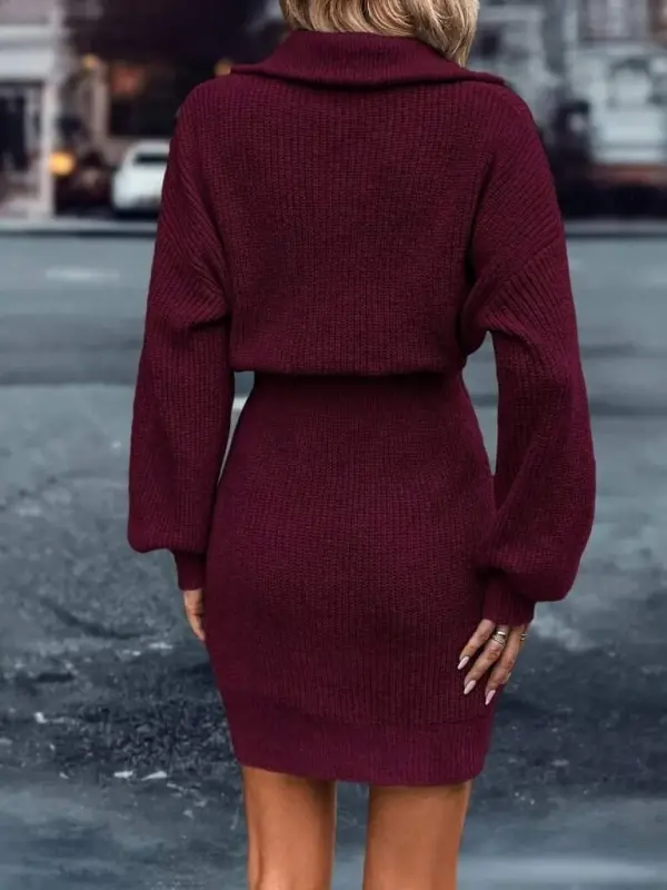 Kadın Uzun Kollu Yakası Fermuarlı Mini Triko Elbise - 4