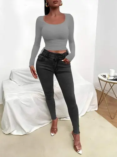 Kadın Uzun Kollu Yanlar Büzgü Detay Kaşkorse Crop - 5