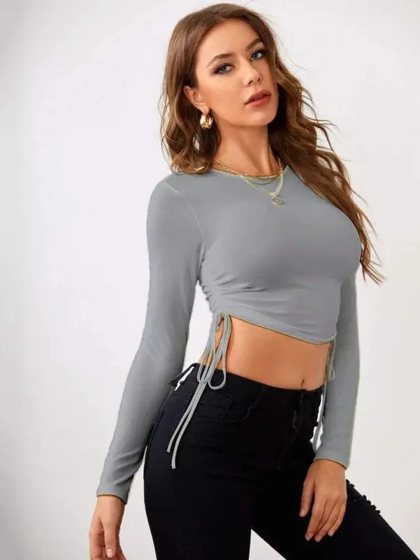 Kadın Uzun Kollu Yanlar Büzgü Detay Kaşkorse Crop - 6