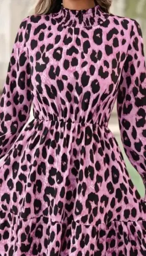 Kadın Uzun Kollu Yarı Balıkçı Yaka Leopar Desenli Modal Mini Elbise - 2