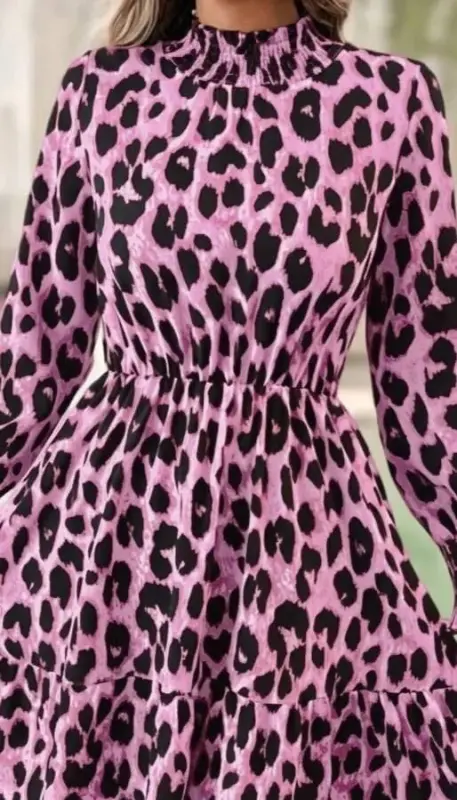 Kadın Uzun Kollu Yarı Balıkçı Yaka Leopar Desenli Modal Mini Elbise - 2