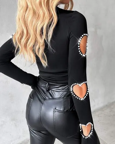 Kadın Uzun Kollu Yarı Balıkçı Yaka Pencere Detaylı Kolları Kalp Desen Taşlı Viskon Bluz - 4