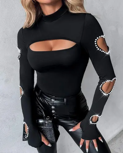 Kadın Uzun Kollu Yarı Balıkçı Yaka Pencere Detaylı Kolları Kalp Desen Taşlı Viskon Bluz - 5