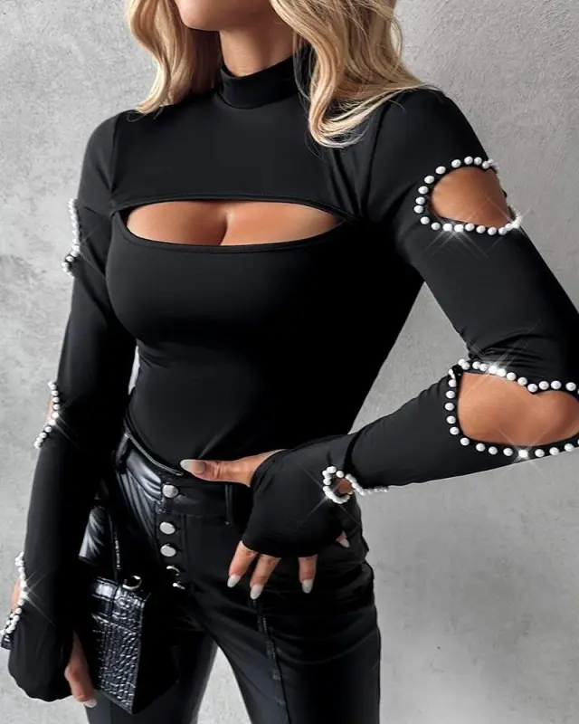 Kadın Uzun Kollu Yarı Balıkçı Yaka Pencere Detaylı Kolları Kalp Desen Taşlı Viskon Bluz - 6