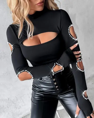 Kadın Uzun Kollu Yarı Balıkçı Yaka Pencere Detaylı Kolları Kalp Desen Taşlı Viskon Bluz - 7