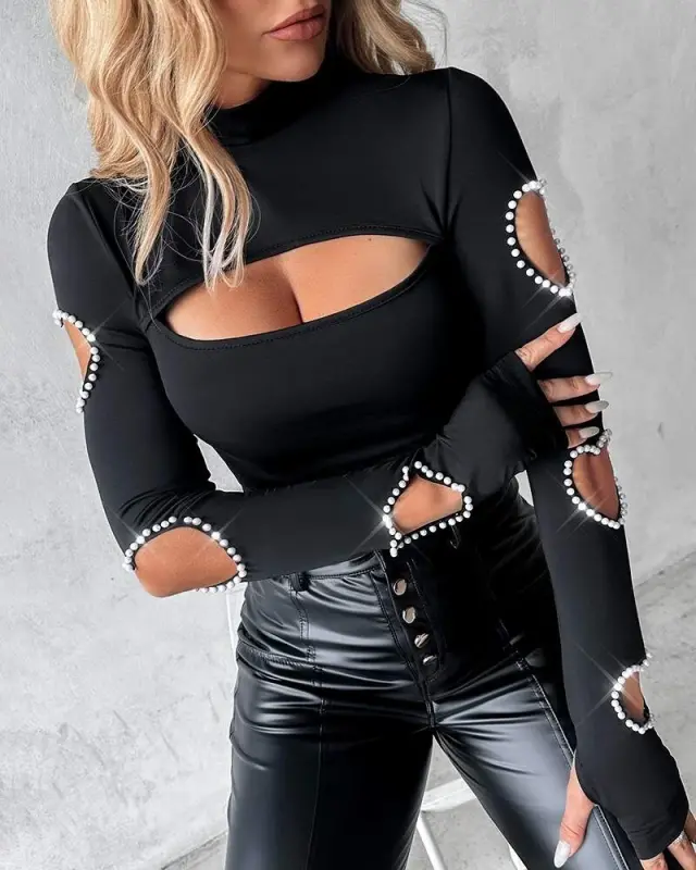 Kadın Uzun Kollu Yarı Balıkçı Yaka Pencere Detaylı Kolları Kalp Desen Taşlı Viskon Bluz - 7