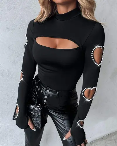 Kadın Uzun Kollu Yarı Balıkçı Yaka Pencere Detaylı Kolları Kalp Desen Taşlı Viskon Bluz - 8