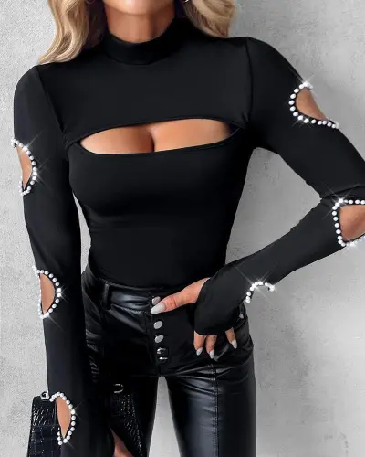 Kadın Uzun Kollu Yarı Balıkçı Yaka Pencere Detaylı Kolları Kalp Desen Taşlı Viskon Bluz - BÜYÜKBEDENIZ (1)