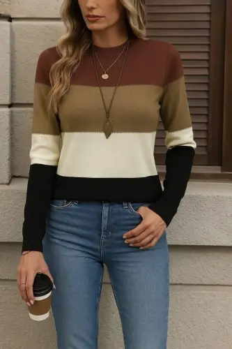 Kadın Uzun Kollu Yarı Balıkçı Yaka Triko Kazak - 1