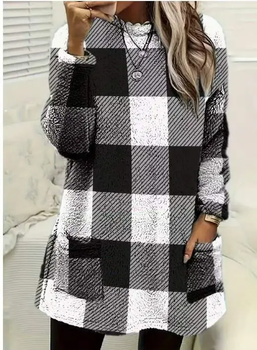 Kadın Uzun Kollu Yarı Balıkçı Yakalı Cep Detaylı Ekoseli Dokuma Tunik - 1