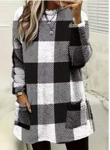 Kadın Uzun Kollu Yarı Balıkçı Yakalı Cep Detaylı Ekoseli Dokuma Tunik - 3