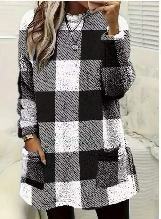 Kadın Uzun Kollu Yarı Balıkçı Yakalı Cep Detaylı Ekoseli Dokuma Tunik - 3