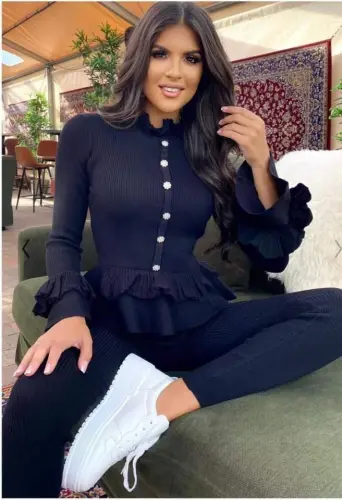 Kadın Uzun Kollu Yıldız Düğme Detay Volanlı Kazak Ve Pantolon Ikili Takım - 1