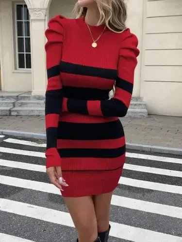 Kadın Uzun Kollu Yuvarlak Yaka Balon Omuz Kol Detaylı çok Renkli Mini Elbise - 1