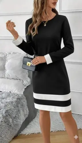 Kadın Uzun Kollu Yuvarlak Yaka Etek Ucu şerit Detaylı Mini Siyah Beyaz Dalgıç Elbise - BÜYÜKBEDENIZ (1)