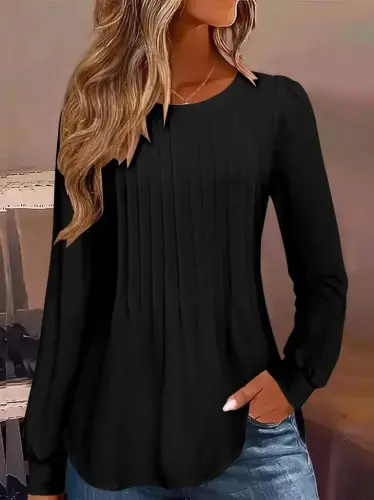 Kadın Uzun Kollu Yuvarlak Yaka Nervürlü Bluz - 1