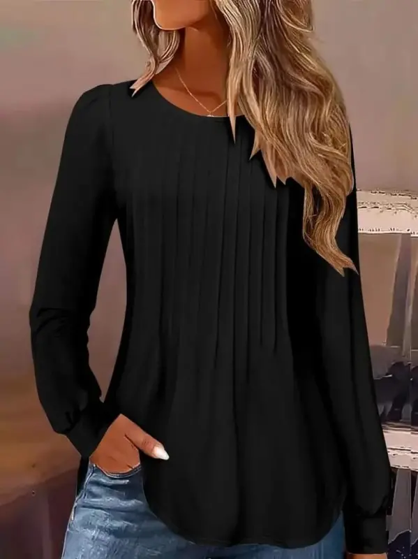 Kadın Uzun Kollu Yuvarlak Yaka Nervürlü Bluz - 4