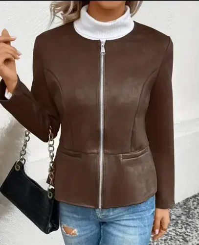 Kadın Uzun Kollu Yuvarlak Yaka önden Fermuarlı Süet Ceket - 3