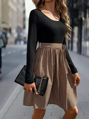 Kadın Uzun Kollu Yuvarlak Yaka üst Viskon Alt Süprem Midi Elbise - 2