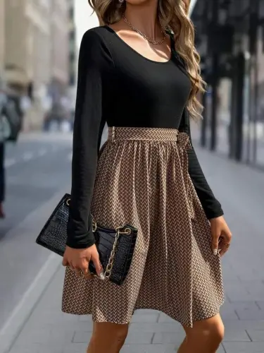 Kadın Uzun Kollu Yuvarlak Yaka üst Viskon Alt Süprem Midi Elbise - 5