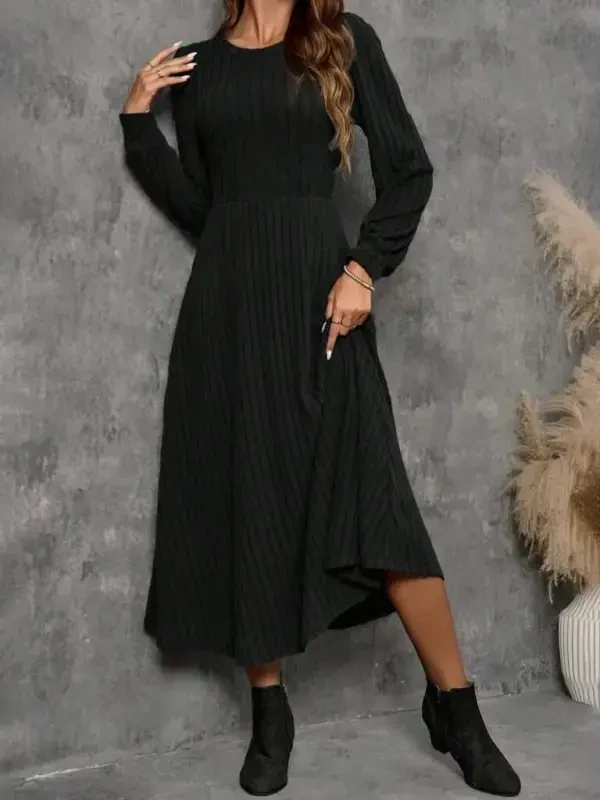 Kadın Uzun Kollu Yuvarlak Yakalı Kiloş Uzun şardonlu Kaşkorse Elbise - 2