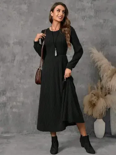 Kadın Uzun Kollu Yuvarlak Yakalı Kiloş Uzun şardonlu Kaşkorse Elbise - 3