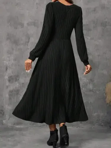 Kadın Uzun Kollu Yuvarlak Yakalı Kiloş Uzun şardonlu Kaşkorse Elbise - 5