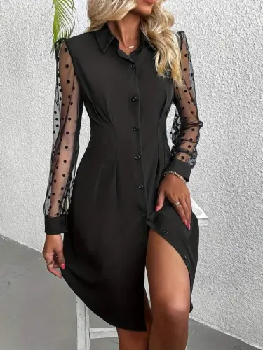 Kadın Uzun Puantiyeli Tül Kol Gömlek Yakalı önden Düğmeli Ithal Krep Elbise - BÜYÜKBEDENIZ (1)