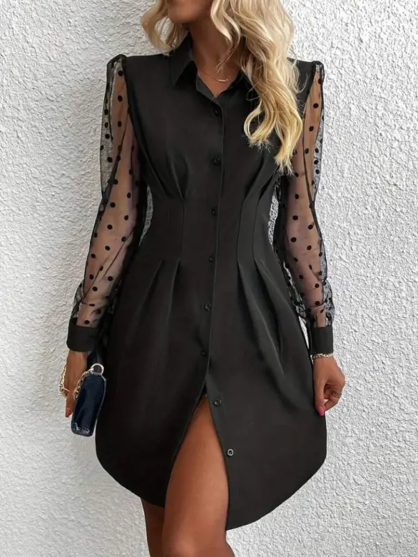 Kadın Uzun Puantiyeli Tül Kol Gömlek Yakalı önden Düğmeli Ithal Krep Elbise - BÜYÜKBEDENIZ