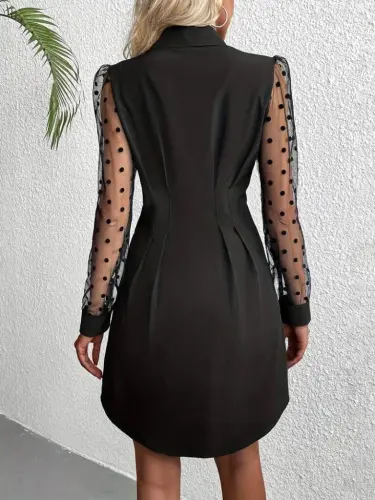 Kadın Uzun Puantiyeli Tül Kol Gömlek Yakalı önden Düğmeli Ithal Krep Elbise - 3