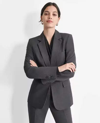 Women’s Notch-Lapel Button-Front Long-Sleeve Blazer - Charcoal - 1