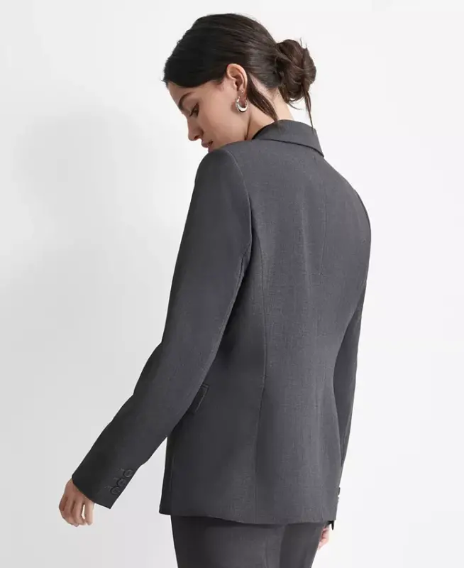 Women’s Notch-Lapel Button-Front Long-Sleeve Blazer - Charcoal - 3
