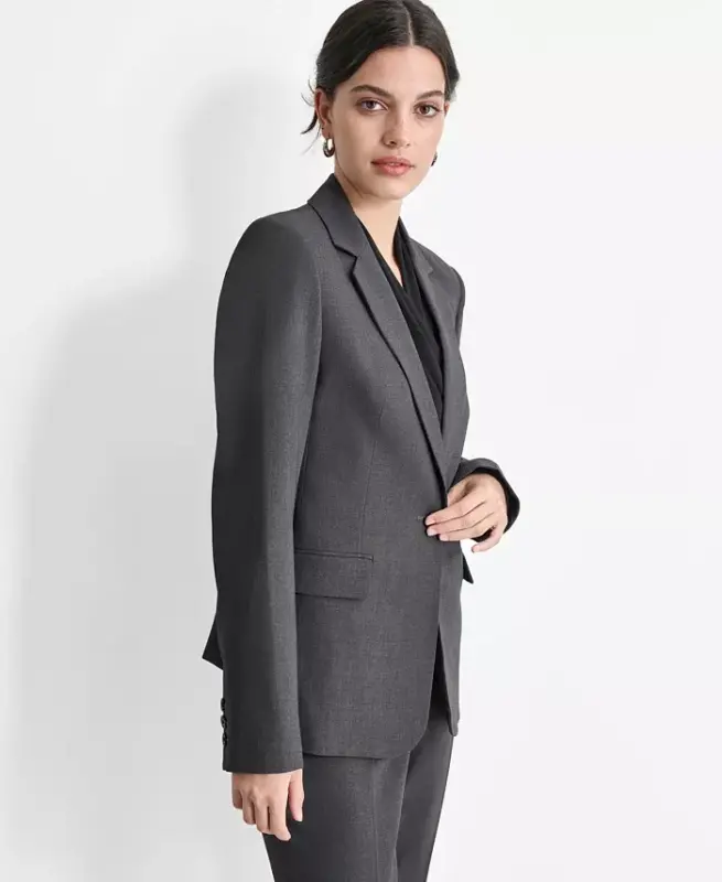 Women’s Notch-Lapel Button-Front Long-Sleeve Blazer - Charcoal - 4