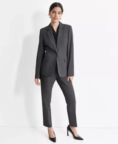 Women’s Notch-Lapel Button-Front Long-Sleeve Blazer - Charcoal - 5