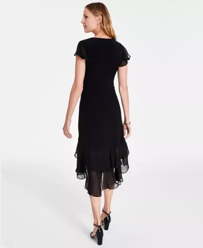Women's V-Neck Chiffon-Trim Midi Dress with Flutter Sleeves - Black - 2