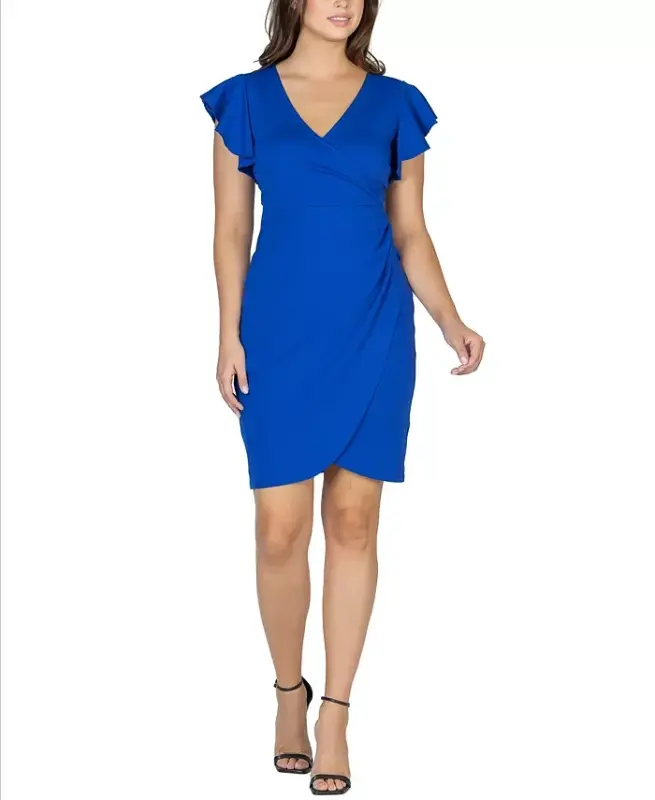 Women's V-neck Ruffle Sleeve Knee Length Dress - Royal - 1