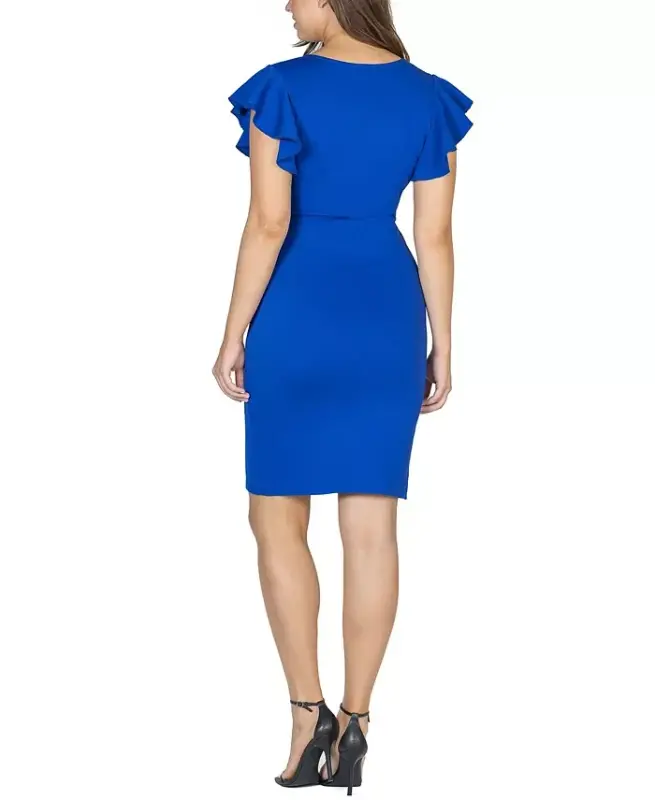 Women's V-neck Ruffle Sleeve Knee Length Dress - Royal - 2