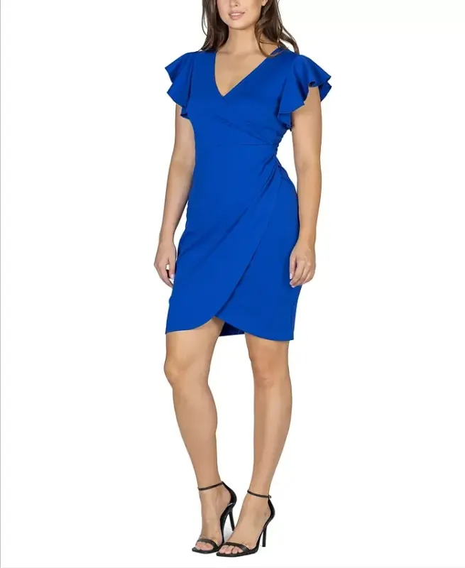 Women's V-neck Ruffle Sleeve Knee Length Dress - Royal - 3
