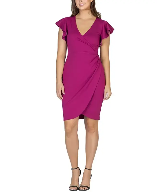 Women's V-neck Ruffle Sleeve Knee Length Dress - Magenta - 1