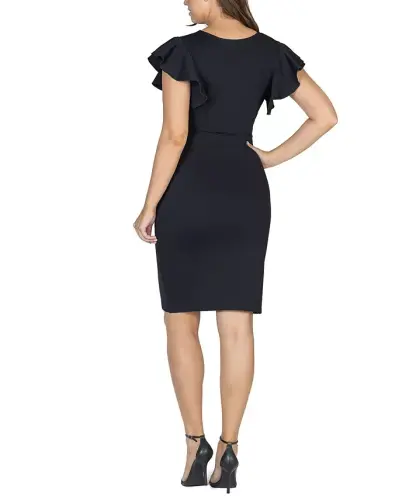 Women's V-neck Ruffle Sleeve Knee Length Dress - Black - 2