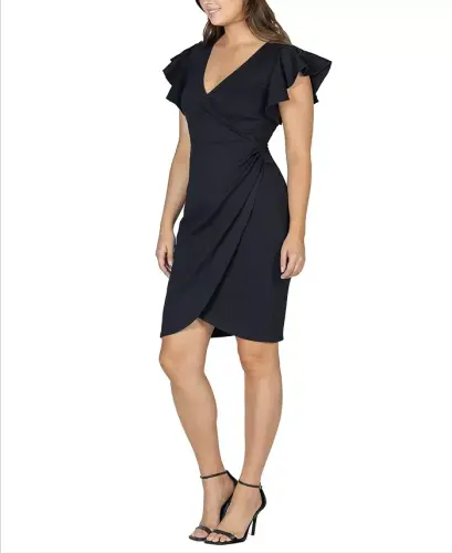 Women's V-neck Ruffle Sleeve Knee Length Dress - Black - 3