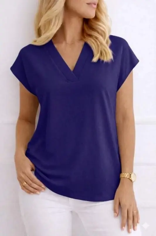 Kadın V Yaka Kısa Kol Dokuma Viskon Kumaş Bluz - BÜYÜKBEDENIZ