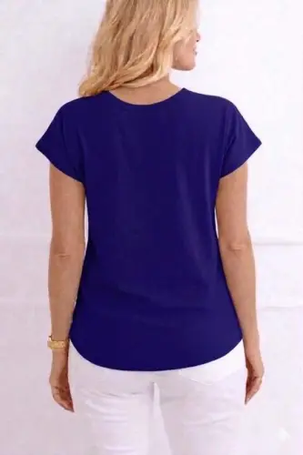 Kadın V Yaka Kısa Kol Dokuma Viskon Kumaş Bluz - 3