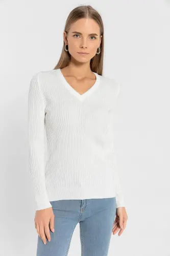 Kadın V Yaka Slim Fit Fitilli Uzun Kışlık Ekru Triko Kazak - Ekru - MISS POEM (1)