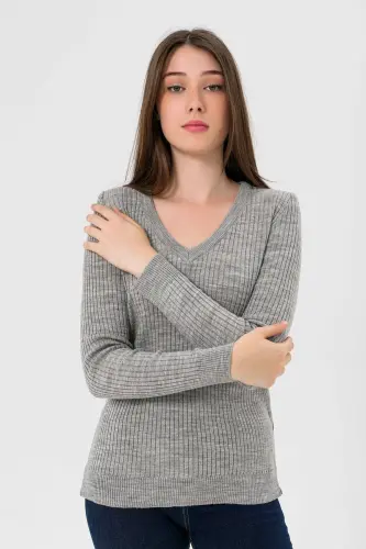 Kadın V Yaka Slim Fit Fitilli Uzun Kışlık Ekru Triko Kazak-Gri - 3