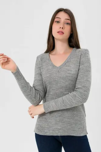 Kadın V Yaka Slim Fit Fitilli Uzun Kışlık Ekru Triko Kazak-Gri - 4