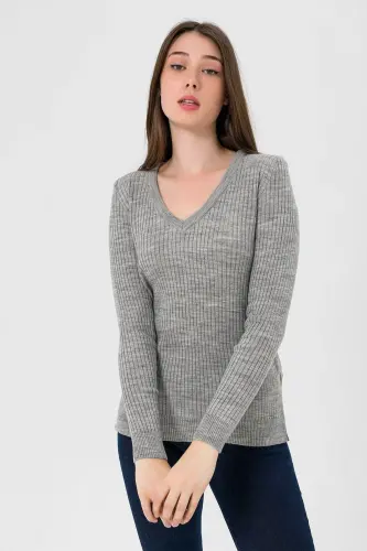 Kadın V Yaka Slim Fit Fitilli Uzun Kışlık Ekru Triko Kazak-Gri 